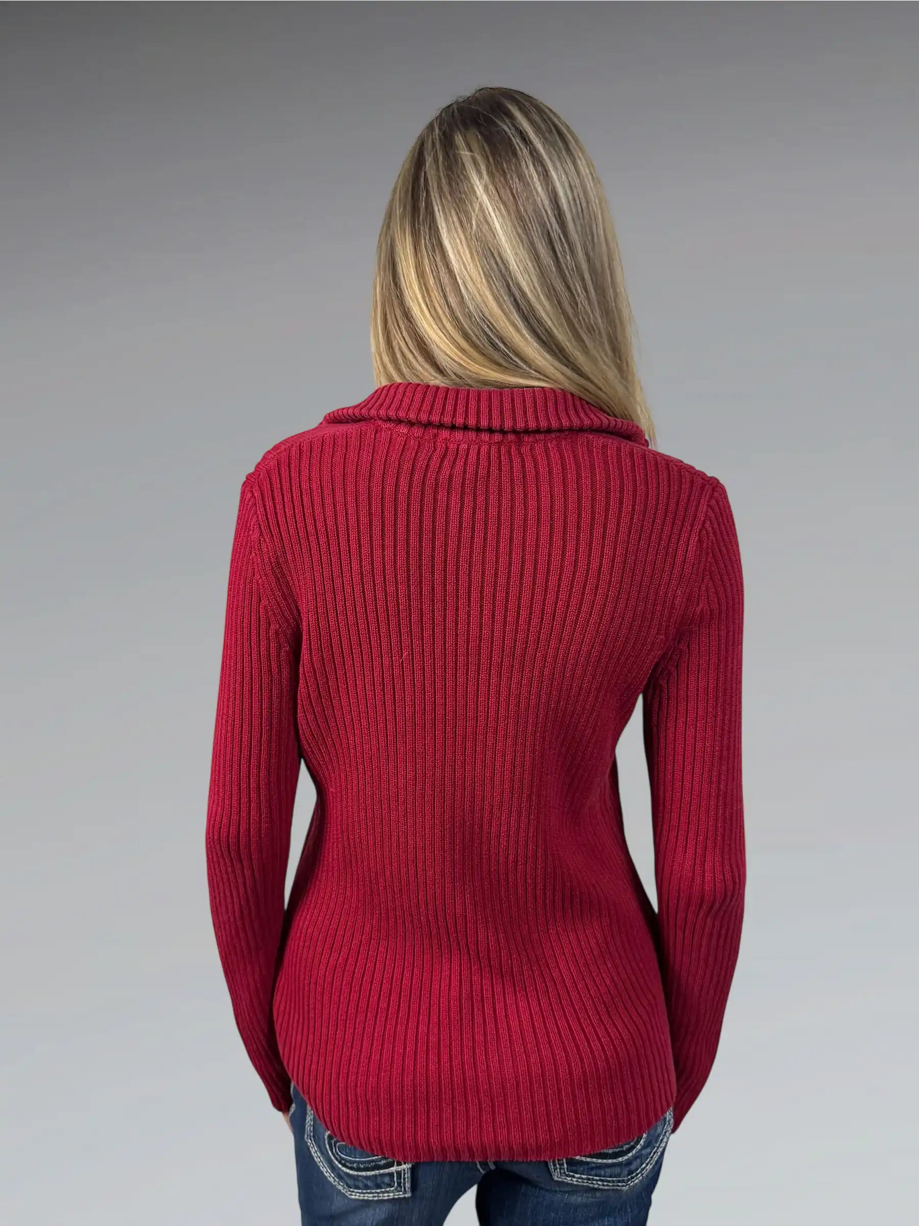 Red Ribbed Knit Sweater with Subtle Pattern (M)