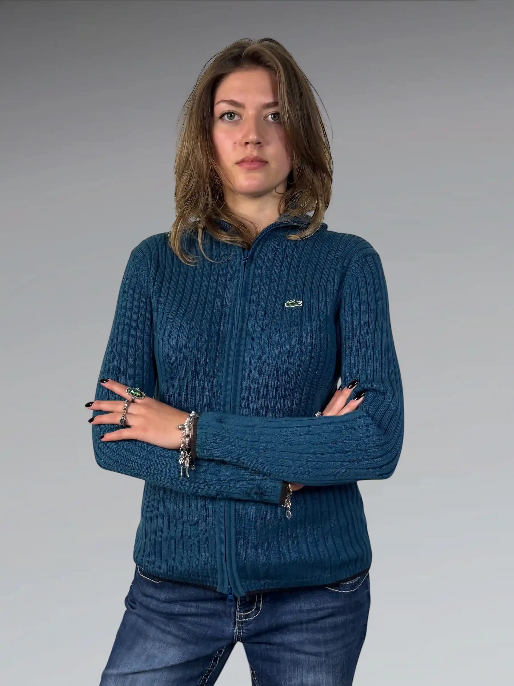 Lacoste Blue Ribbed Zip-Up Cardigan (L)