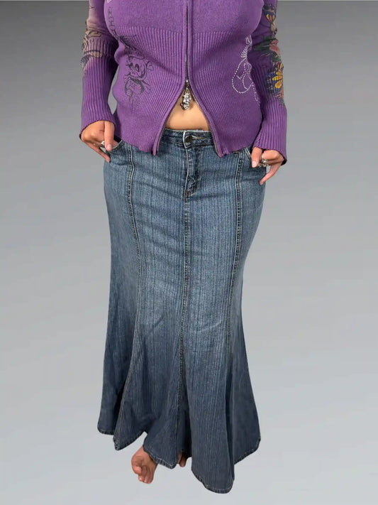 Long Blue Denim Skirt with Panel Design (S)