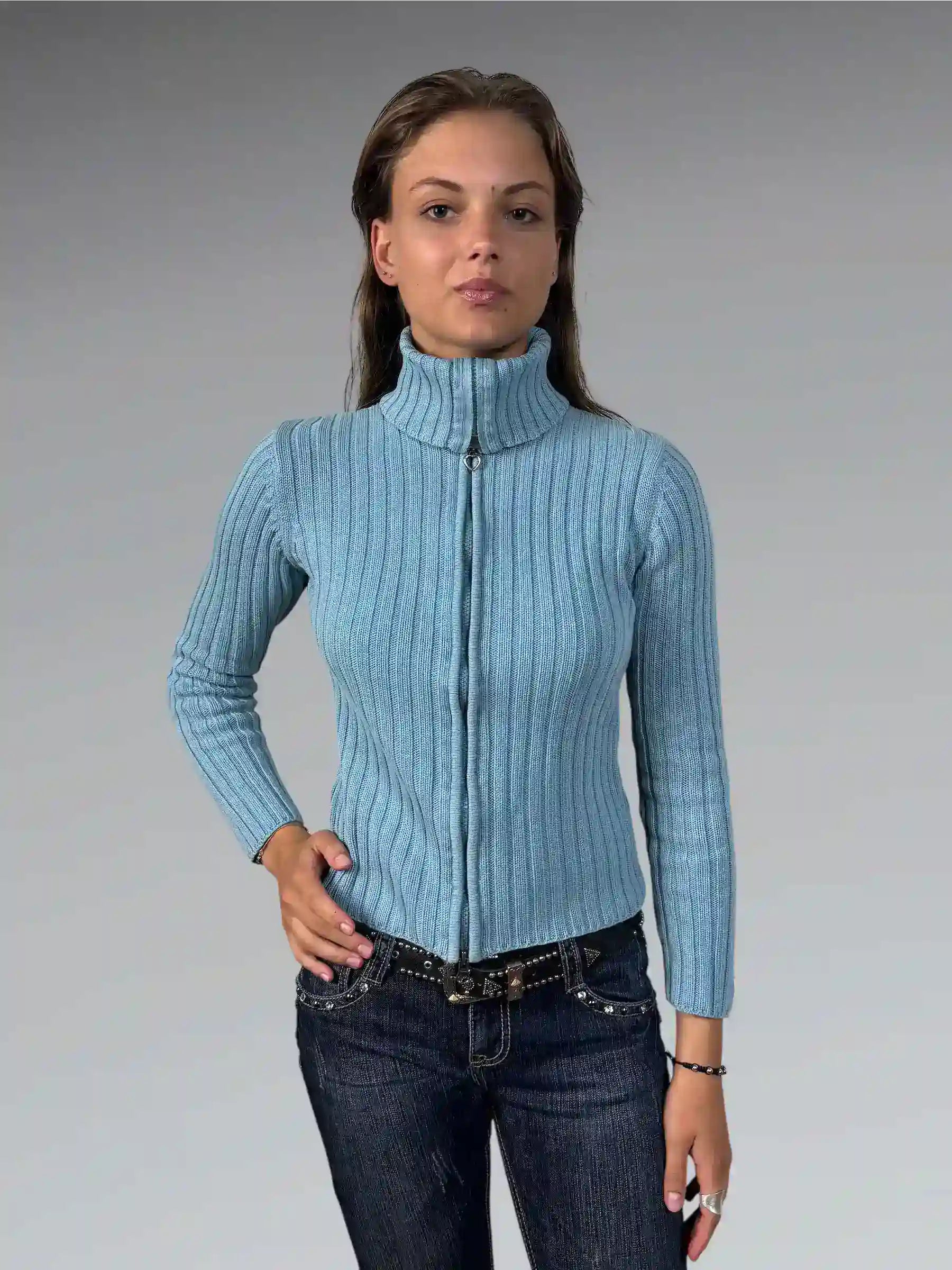 Turquoise Ribbed Zip Cardigan (M)