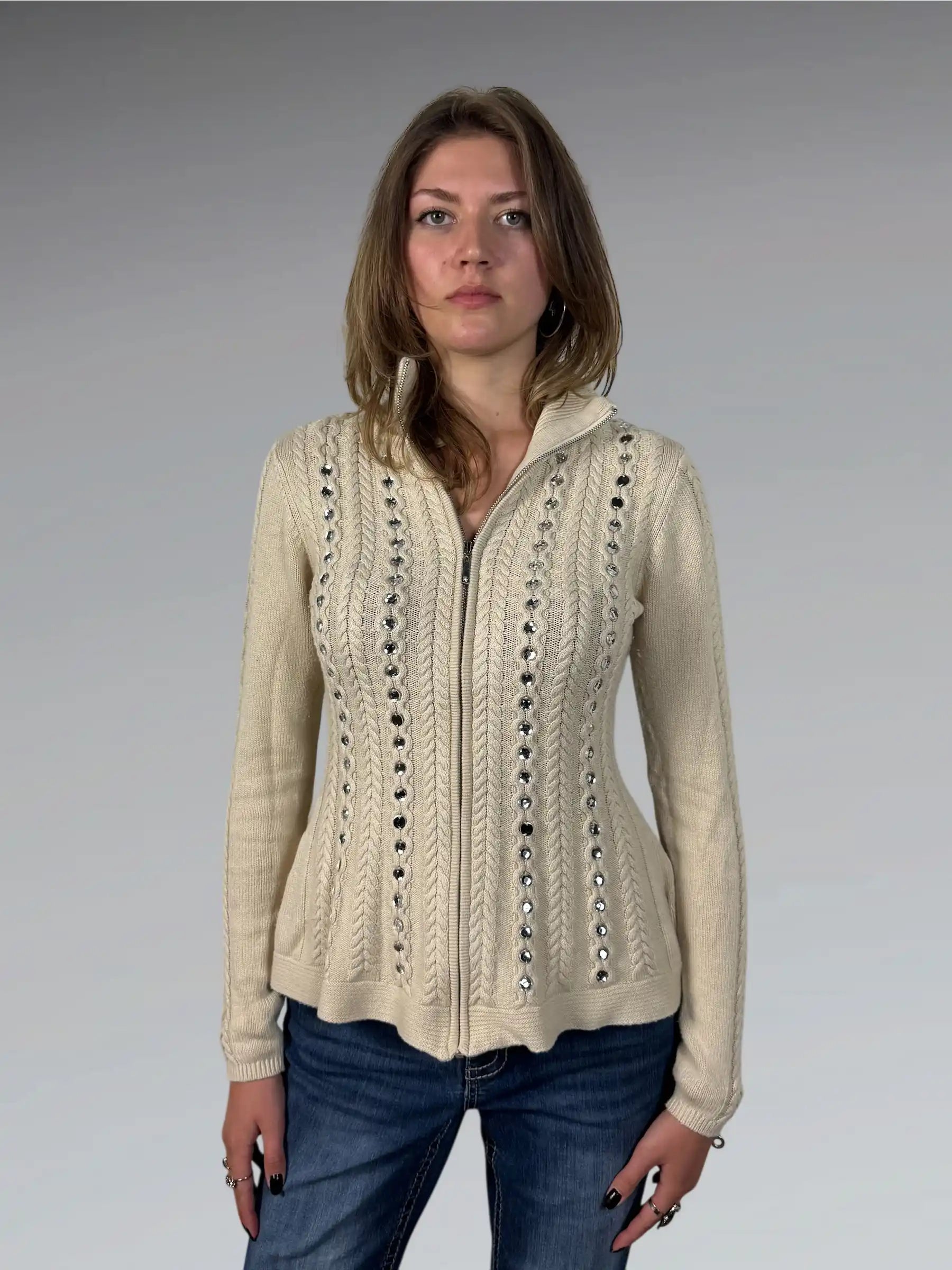 Beige Cable Knit Sweater with Rhinestone Embellishments (M)