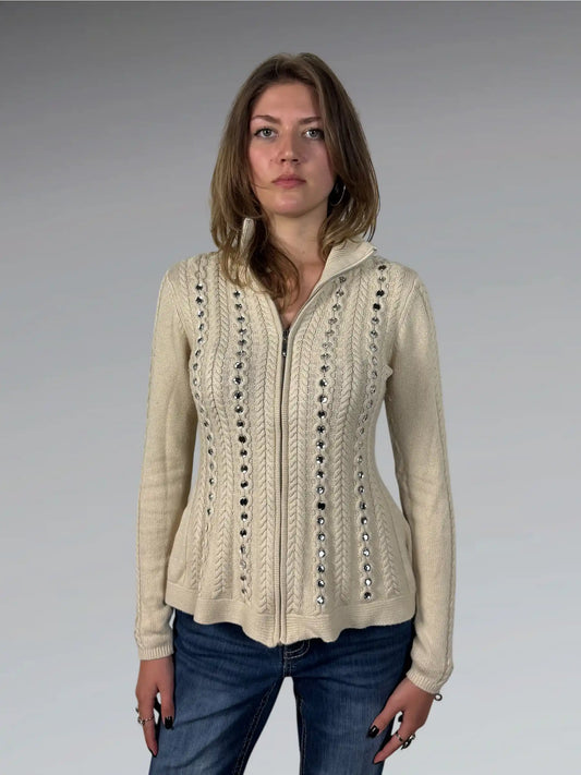 Beige Cable Knit Sweater with Rhinestone Embellishments (M)