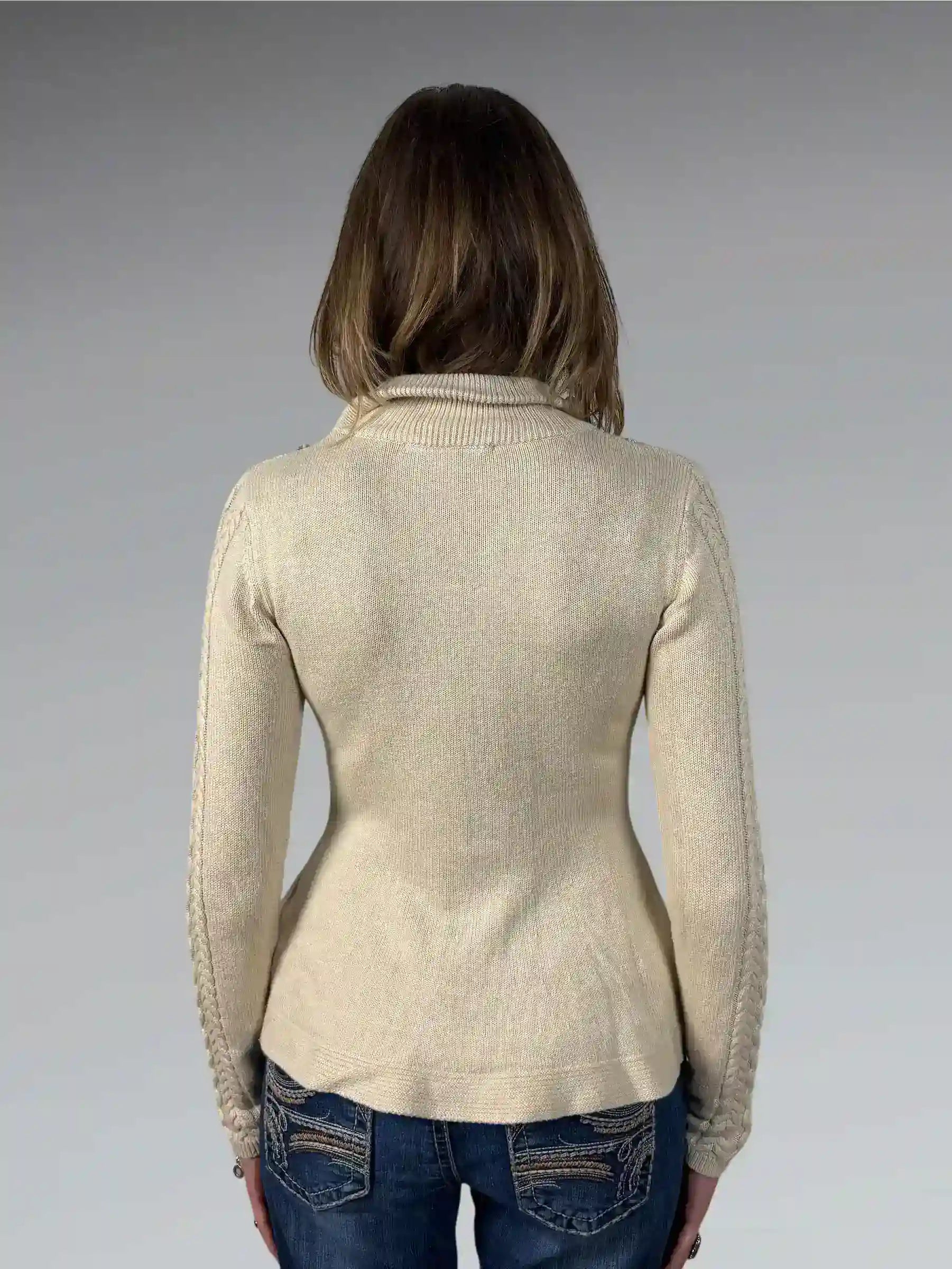 Beige Cable Knit Sweater with Rhinestone Embellishments (M)
