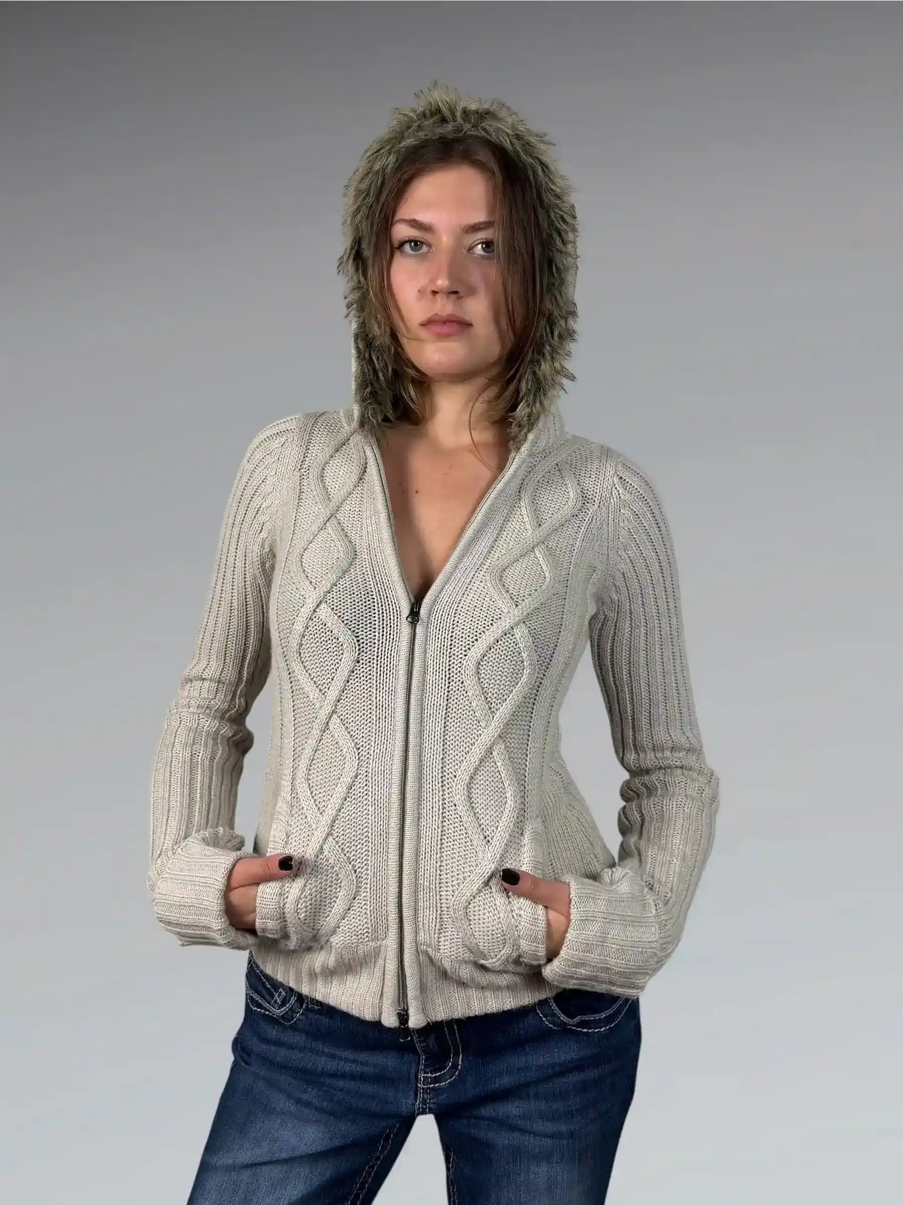 Beige Fur-Lined Hooded Cable Knit Zip Sweater (M)