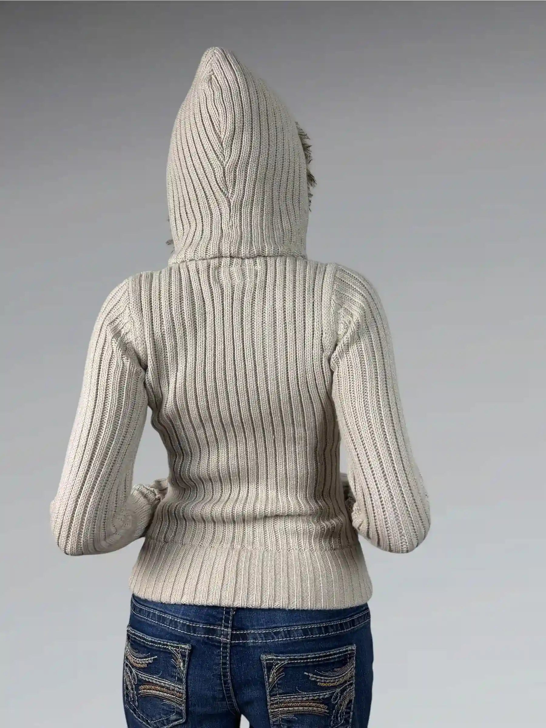 Beige Fur-Lined Hooded Cable Knit Zip Sweater (M)