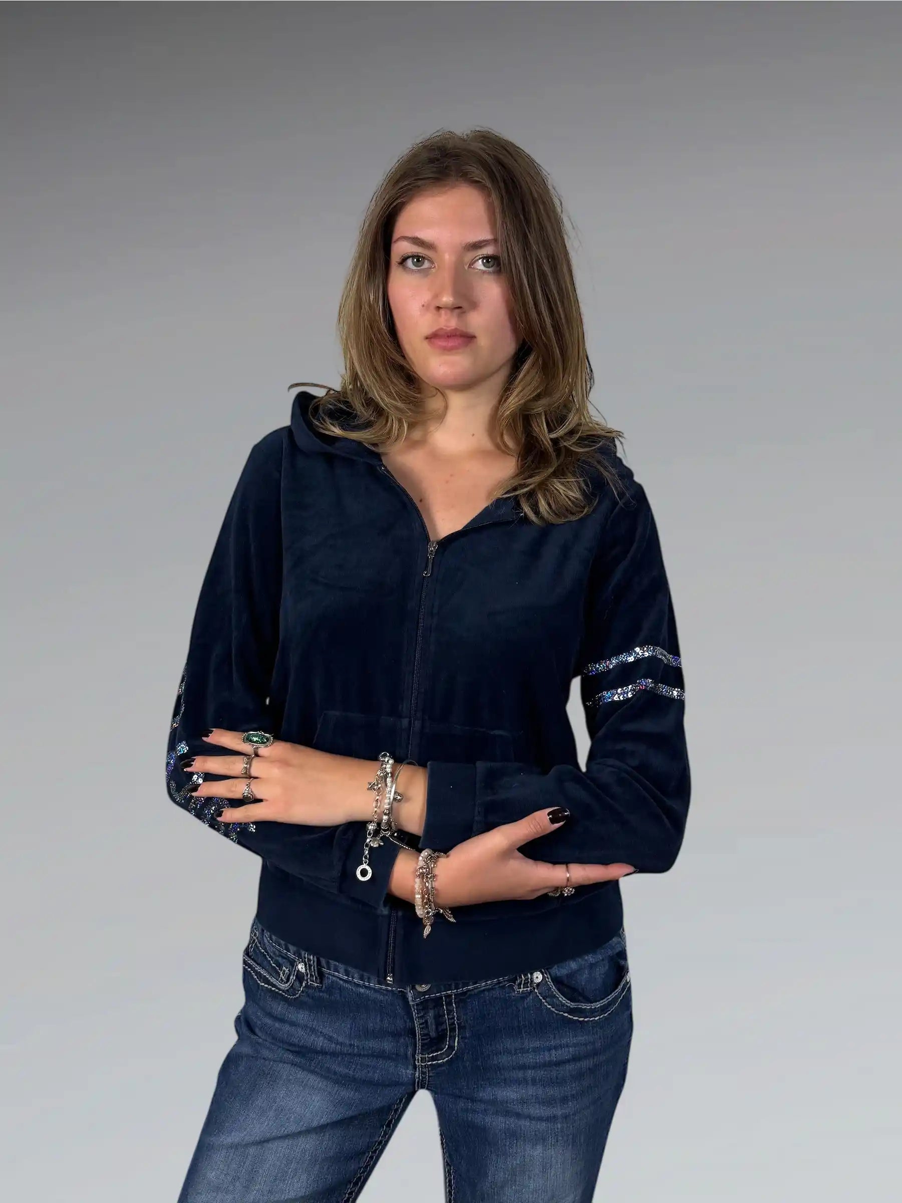 Navy Blue Juicy Couture Hoodie with Rhinestone Sleeve Detail (L)