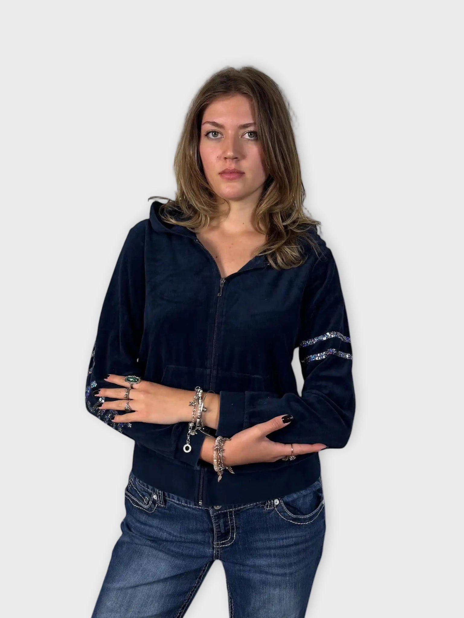 Navy Blue Juicy Couture Hoodie with Rhinestone Sleeve Detail (L)