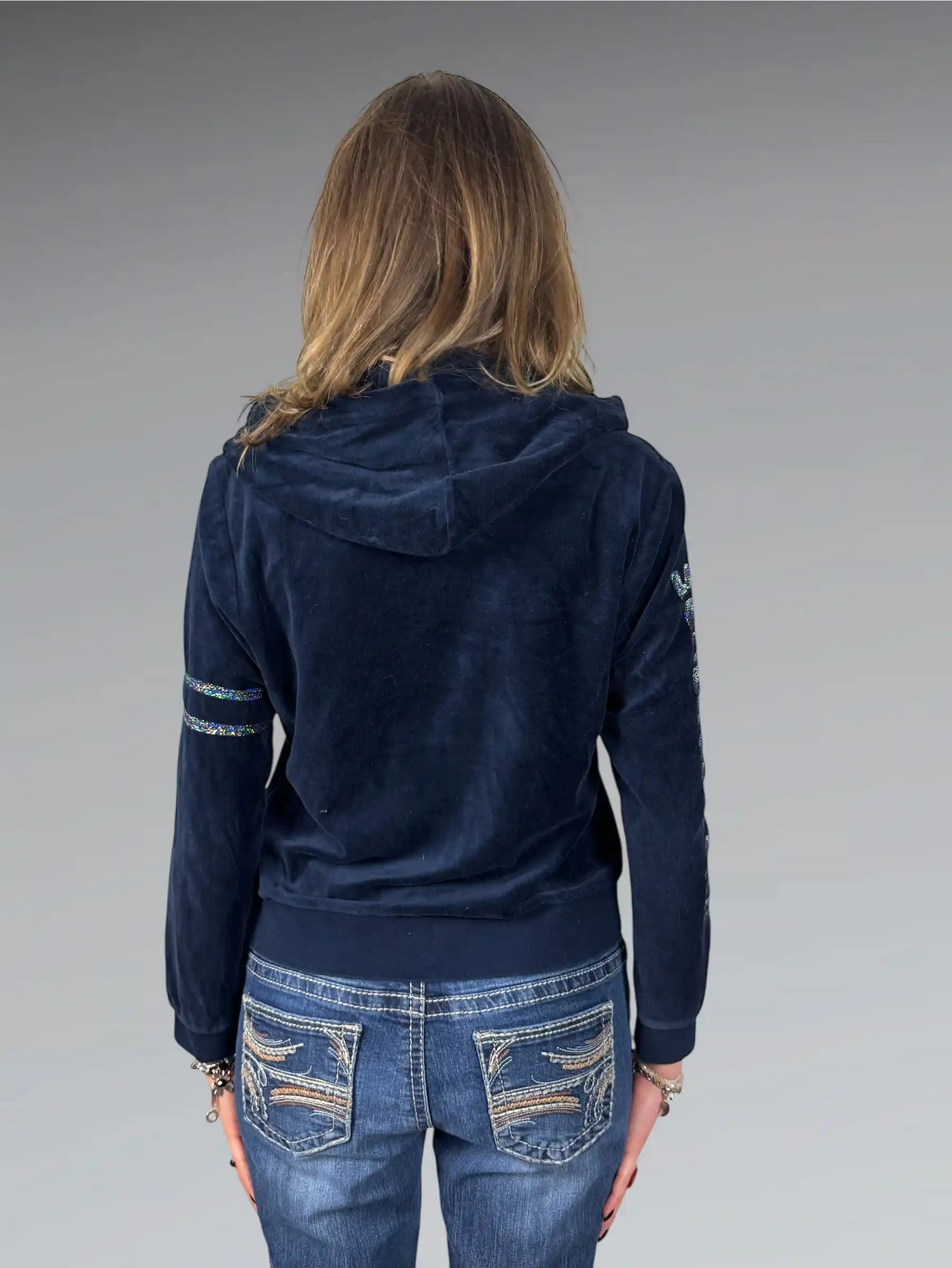 Navy Blue Juicy Couture Hoodie with Rhinestone Sleeve Detail (L)