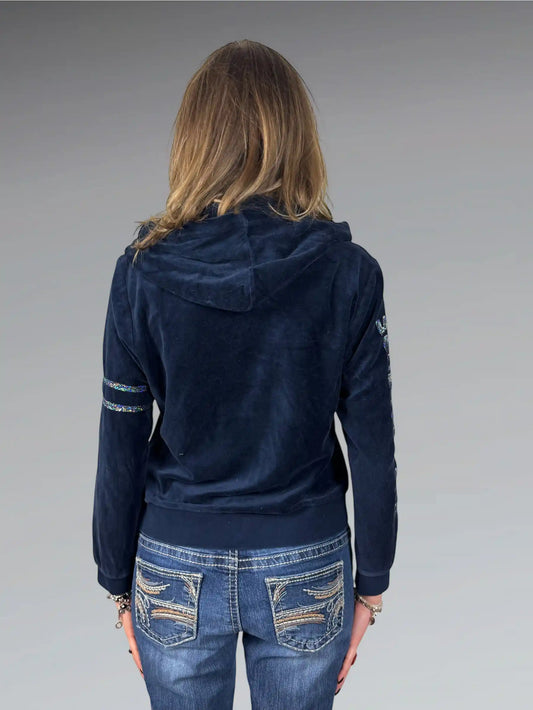 Navy Blue Juicy Couture Hoodie with Rhinestone Sleeve Detail (L)