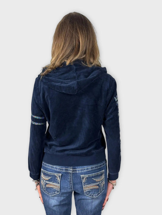 Navy Blue Juicy Couture Hoodie with Rhinestone Sleeve Detail (L)
