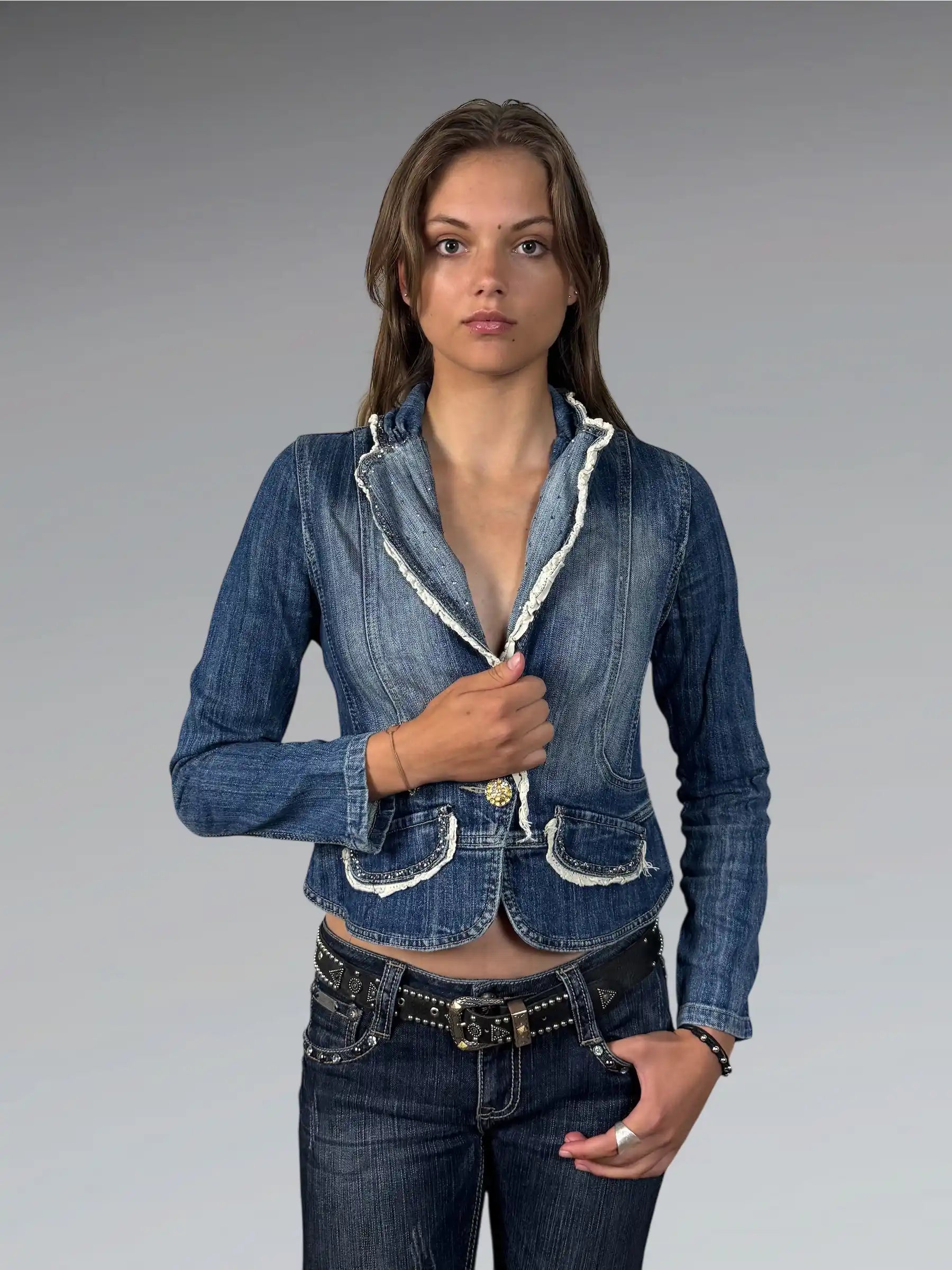 Shiny Denim Blazer with Lace Trim (XS)