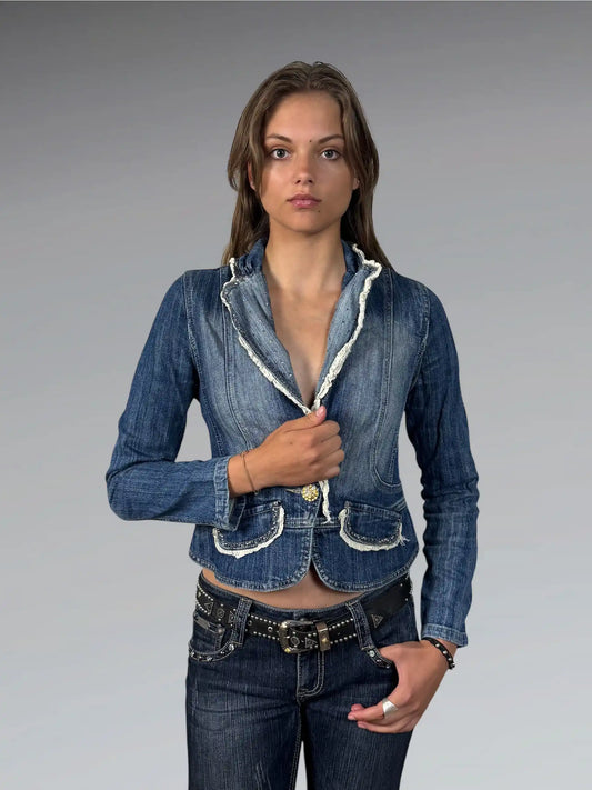 Shiny Denim Blazer with Lace Trim (XS)