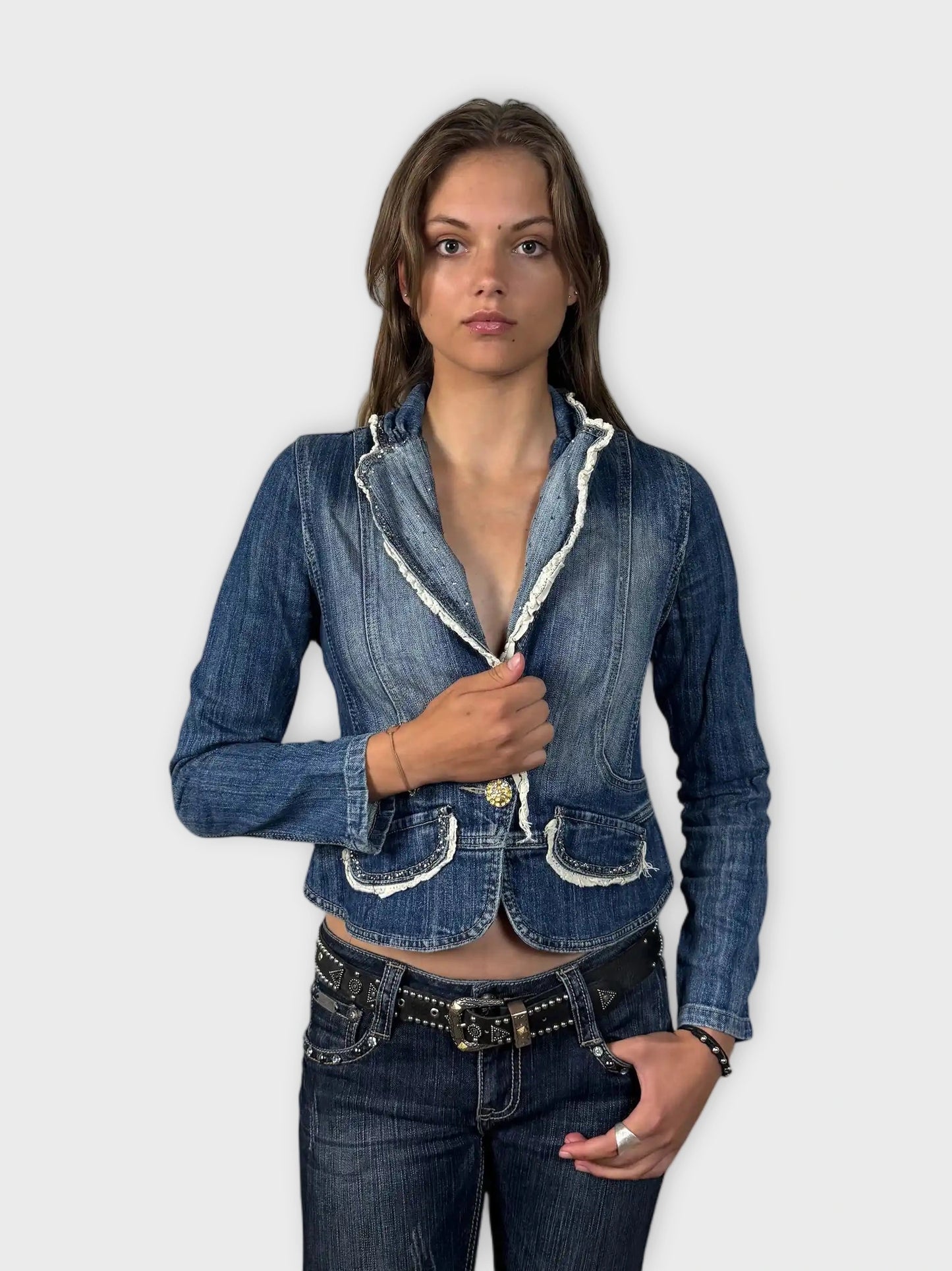 Shiny Denim Blazer with Lace Trim (XS)