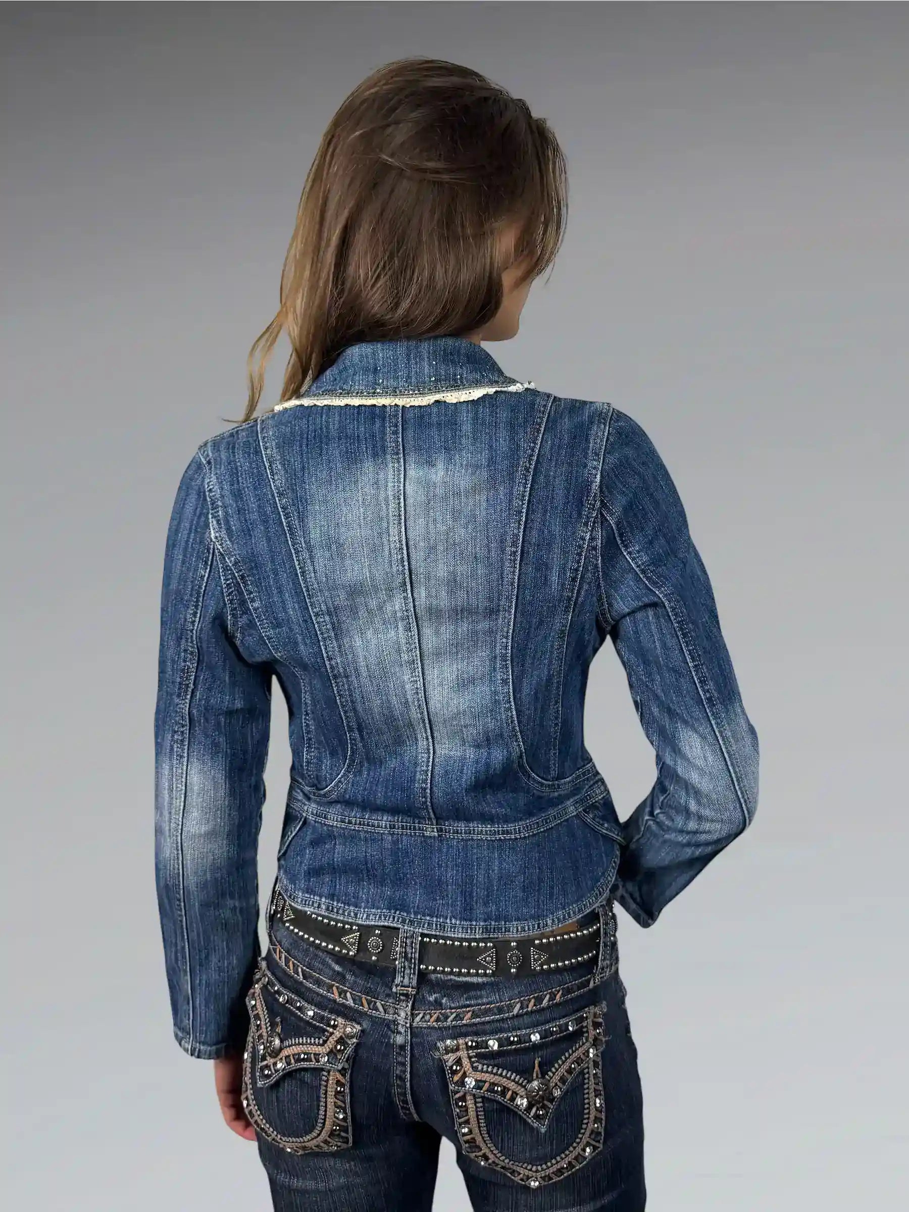 Shiny Denim Blazer with Lace Trim (XS)