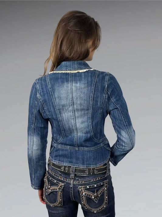 Shiny Denim Blazer with Lace Trim (XS)