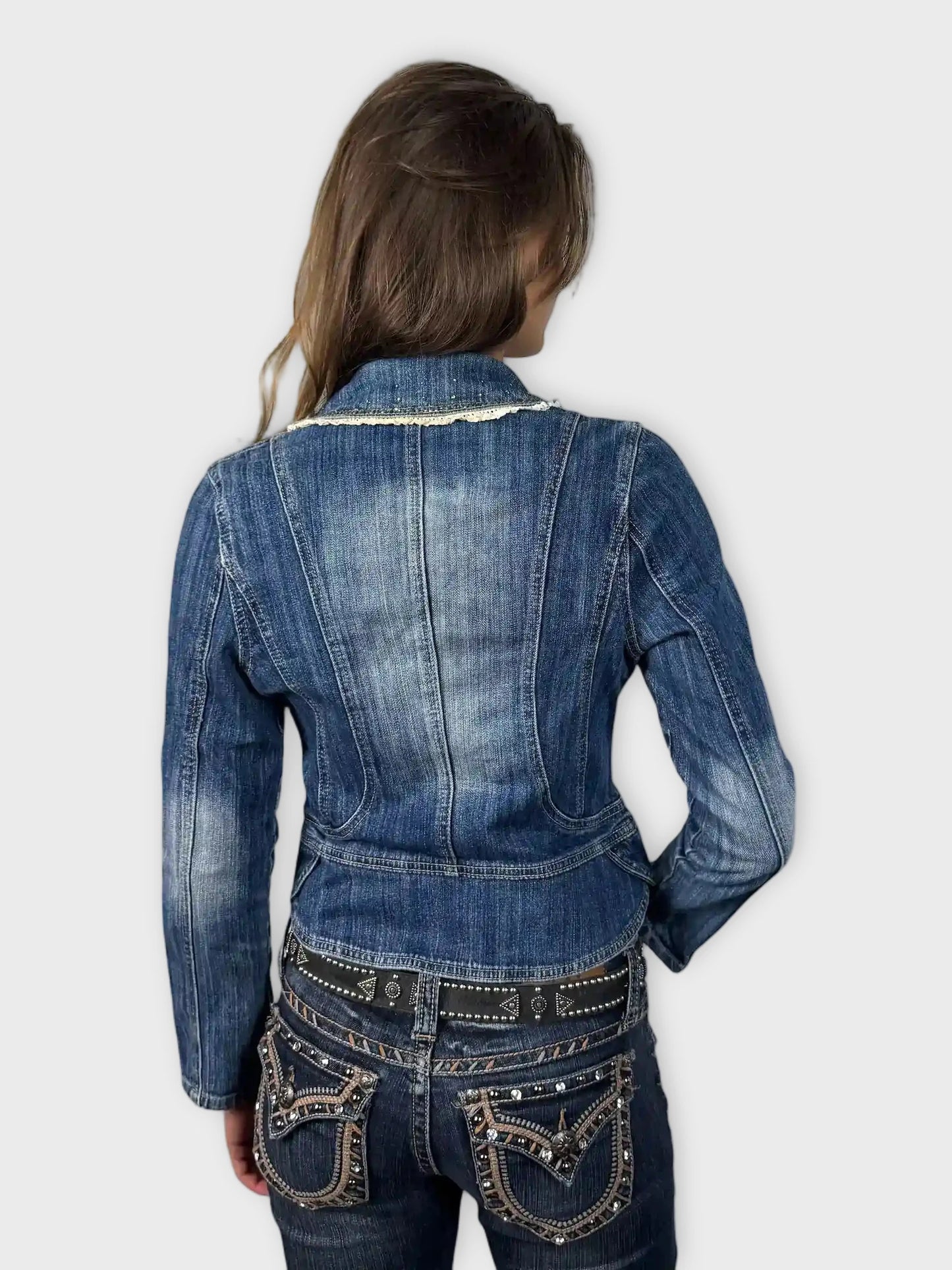 Shiny Denim Blazer with Lace Trim (XS)
