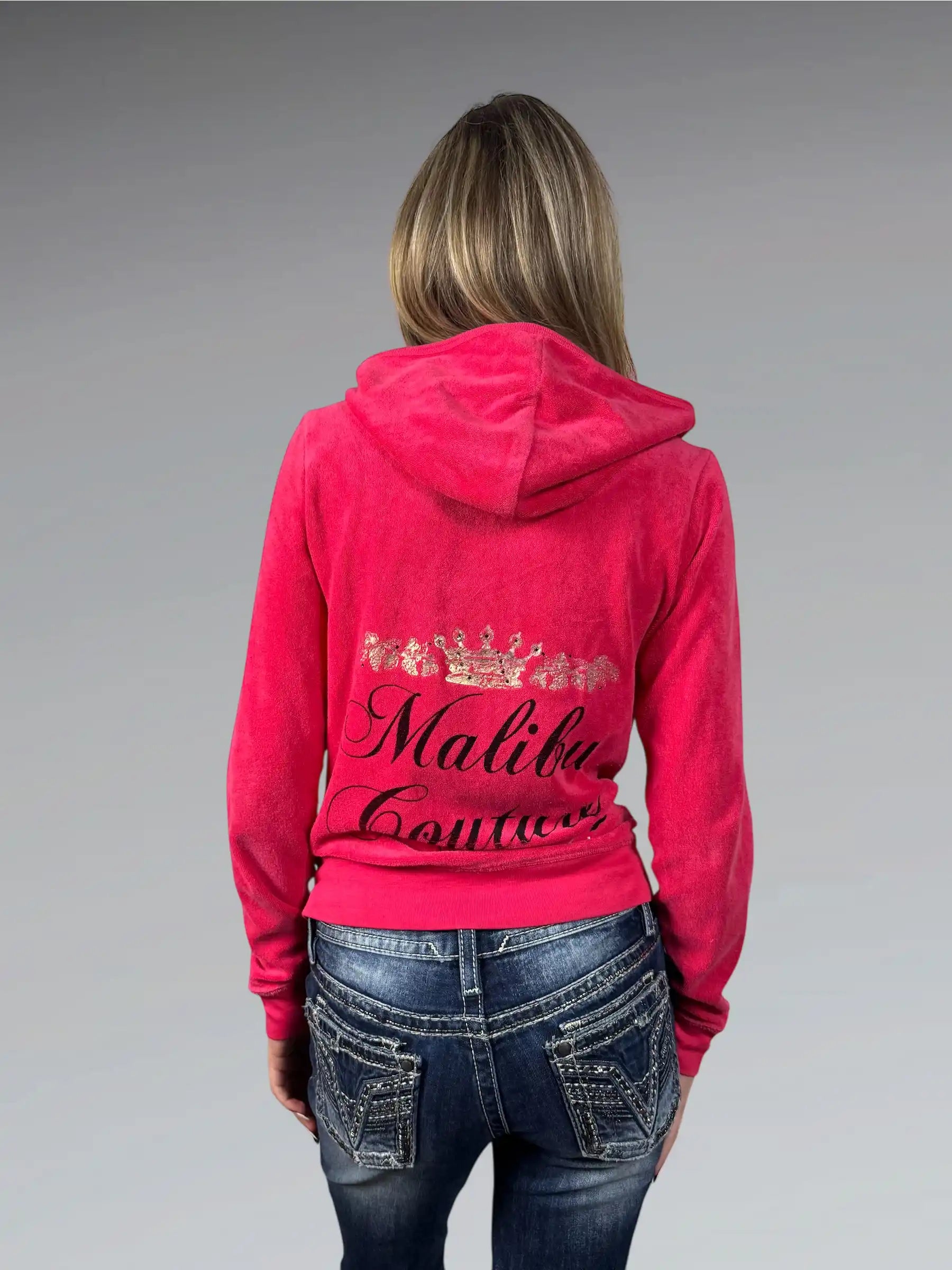 Pink Juicy Couture Velour Hoodie with Malibu Couture Graphic (L)