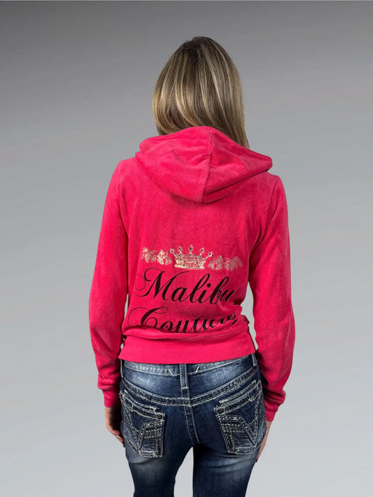 Pink Juicy Couture Velour Hoodie with Malibu Couture Graphic (L)