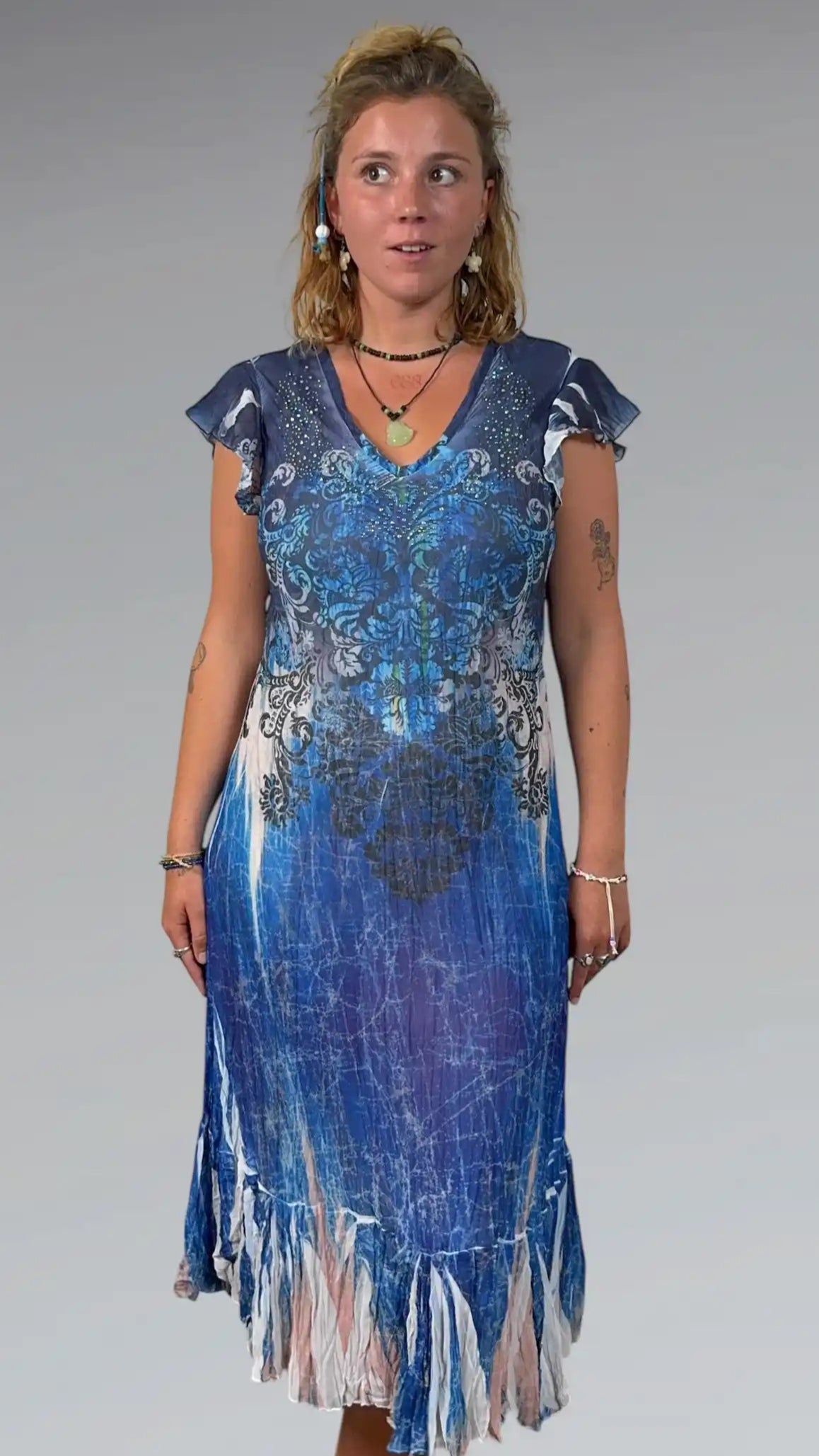 Reba Crystal Blue Boho Maxi Dress (L)