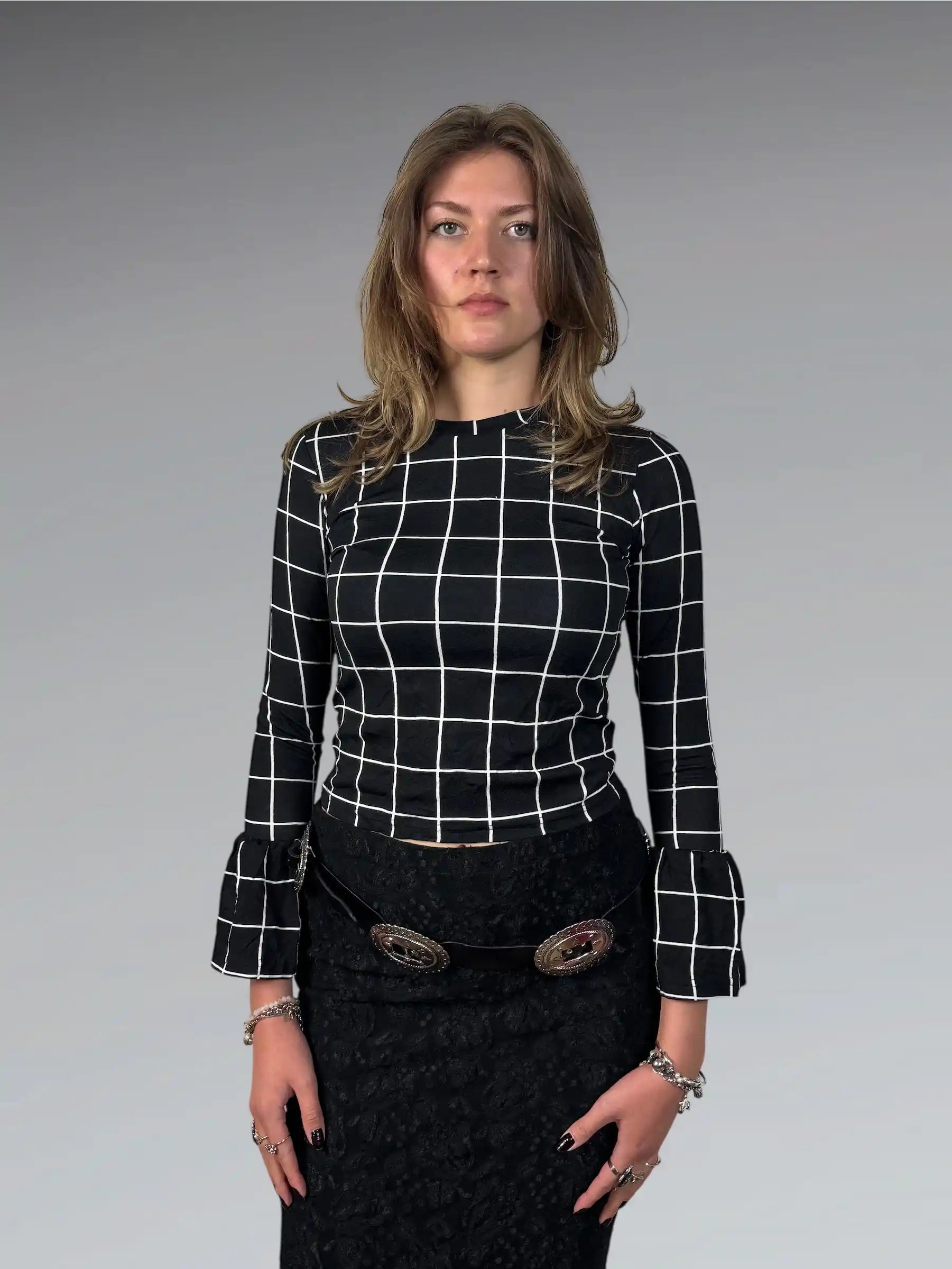 Black and White Checkered Bell Sleeve Top (S)