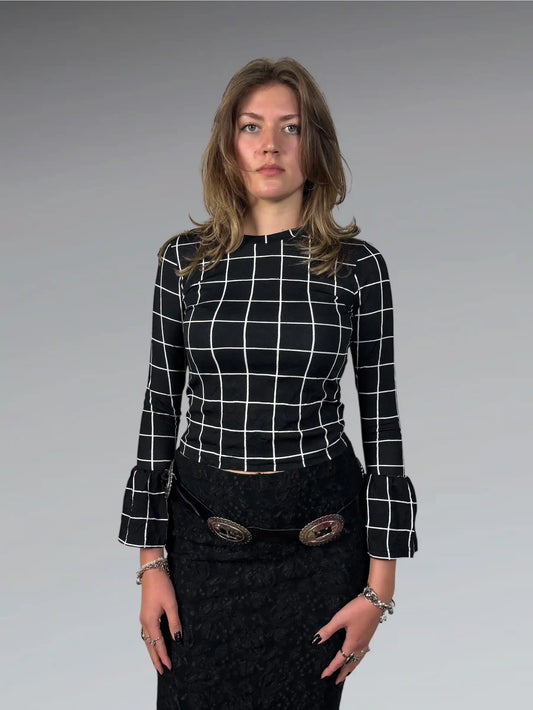 Black and White Checkered Bell Sleeve Top (S)