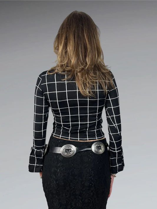 Black and White Checkered Bell Sleeve Top (S)