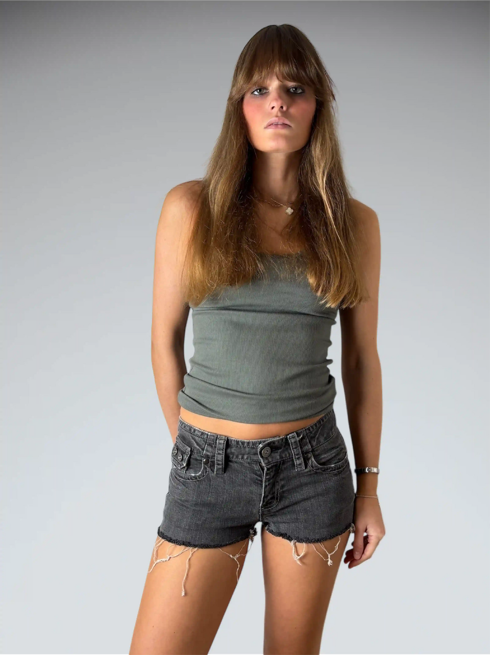 Low Rise Flare Grey Denim Hotpants (S)
