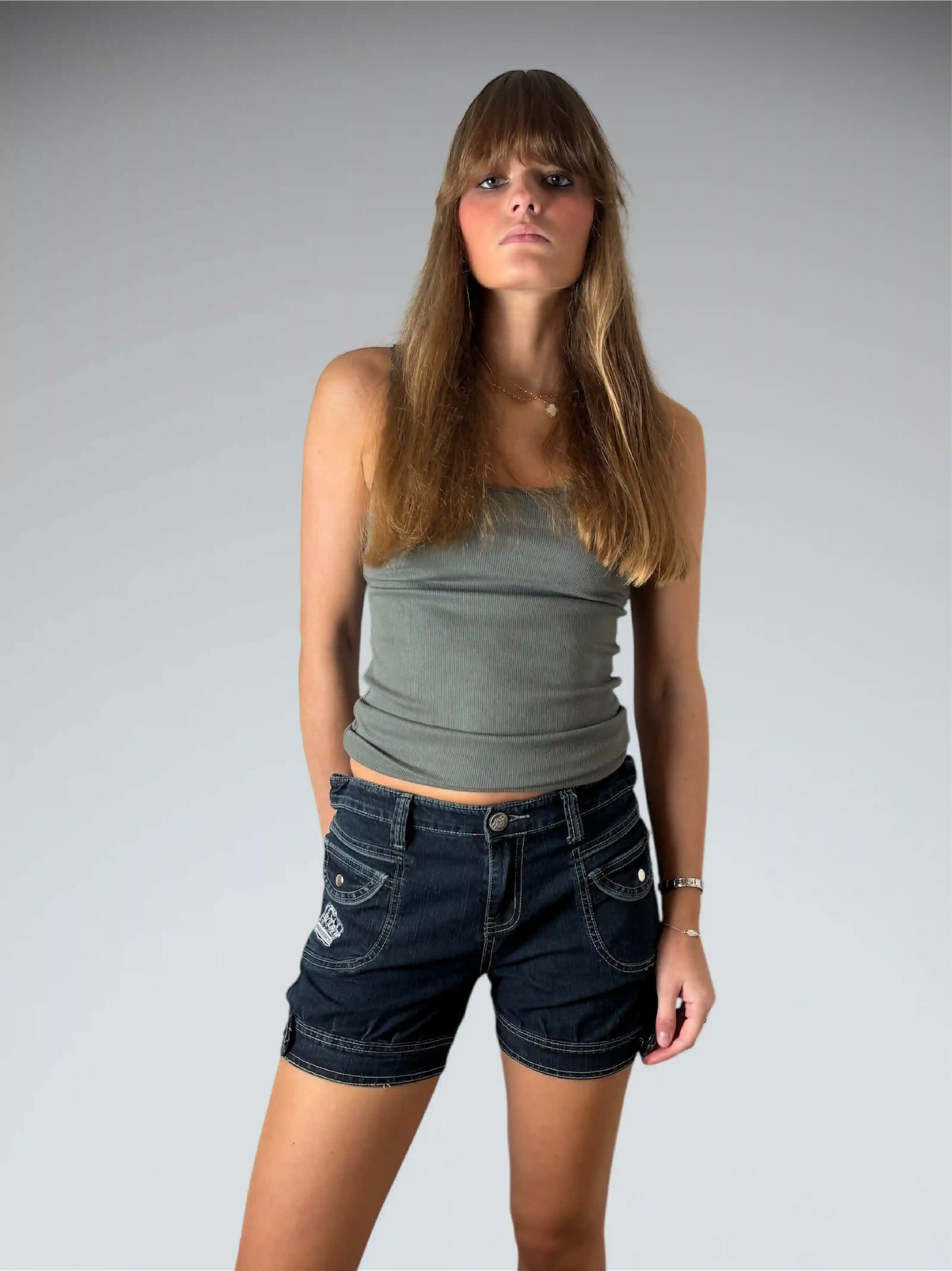 Crown Embroidered Dark Wash Denim Hotpants (S)