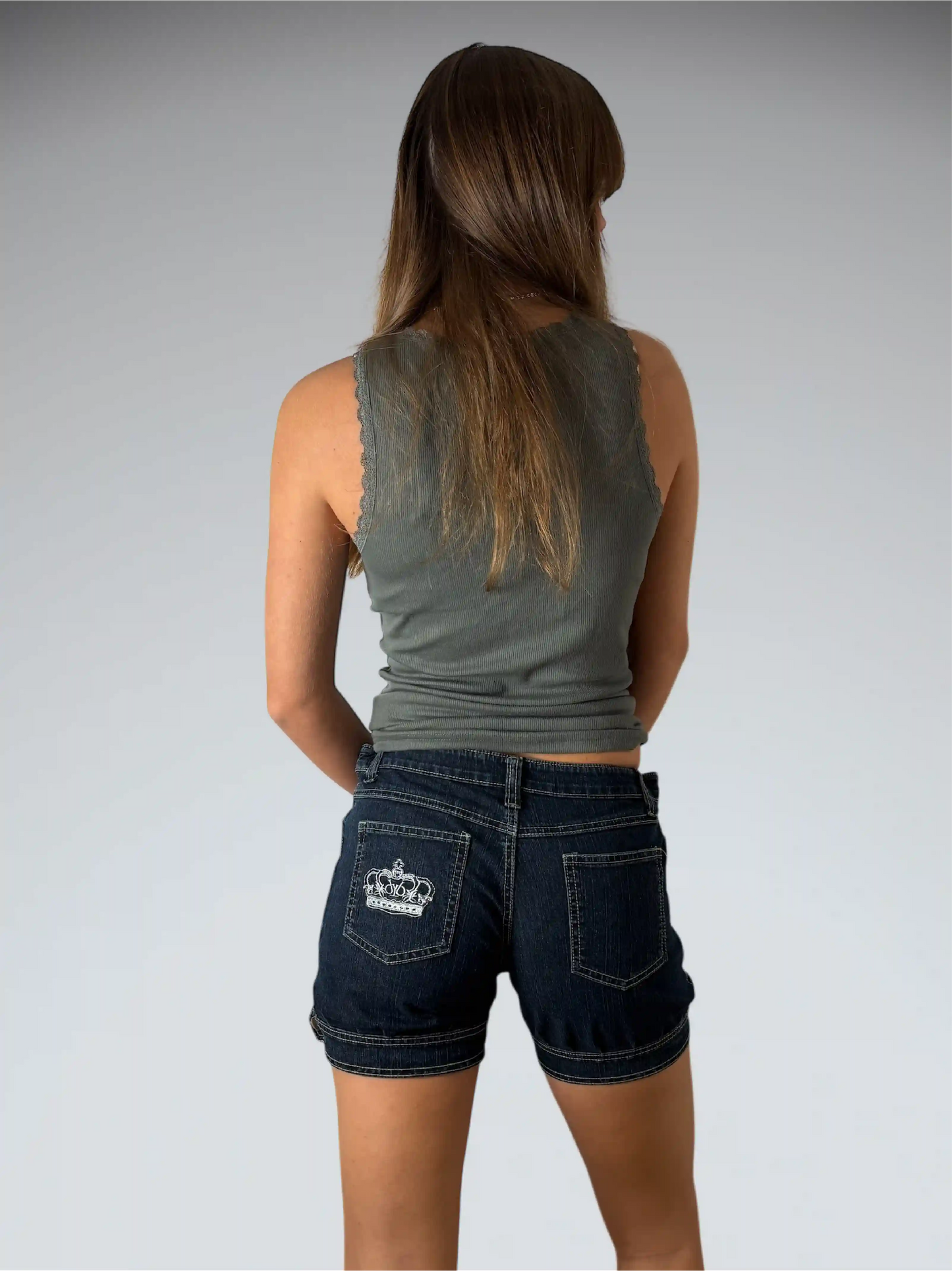 Crown Embroidered Dark Wash Denim Hotpants (S)