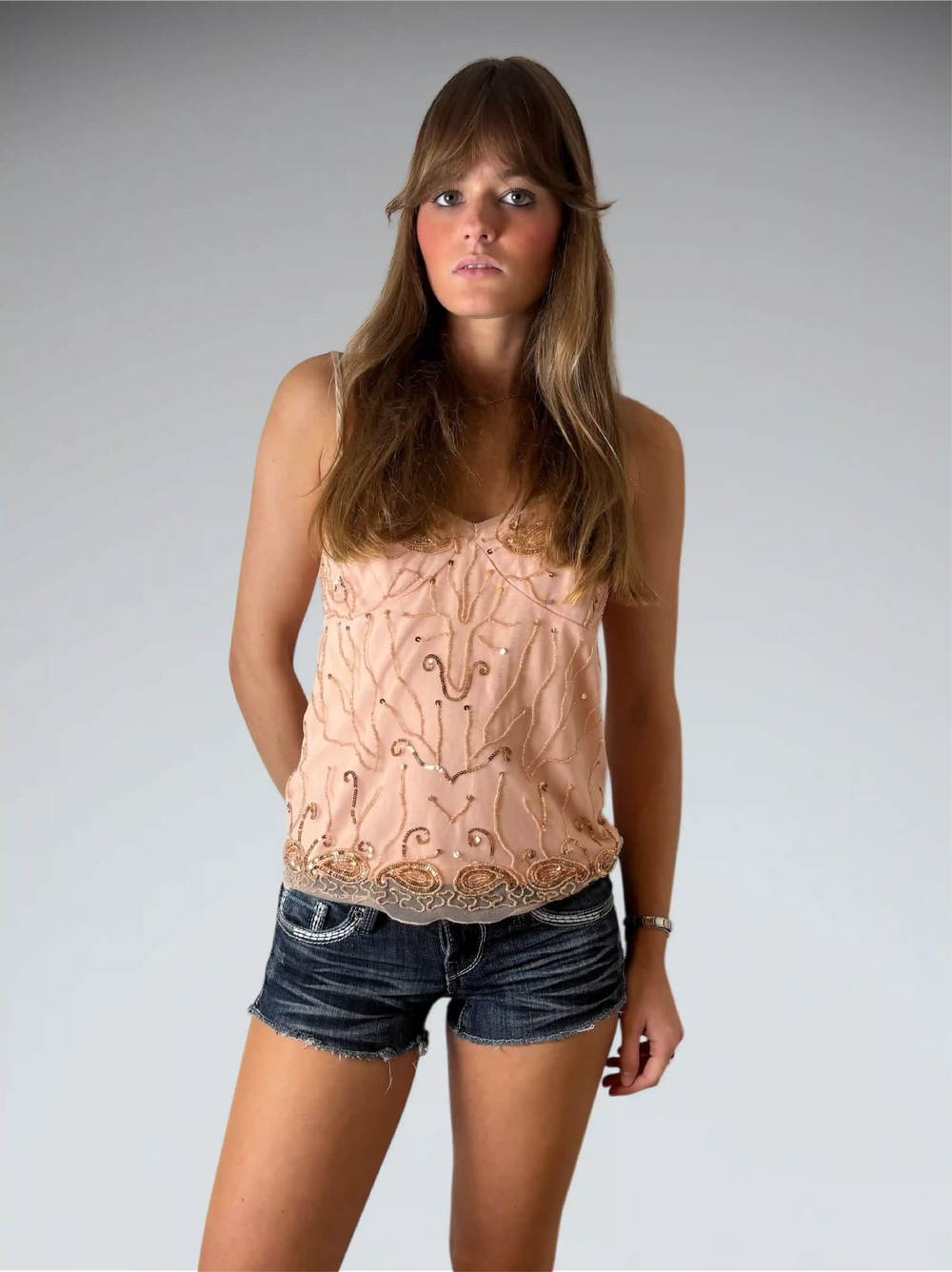 Hydraulic Dark Wash Embroidered Pocket Hotpants (S)