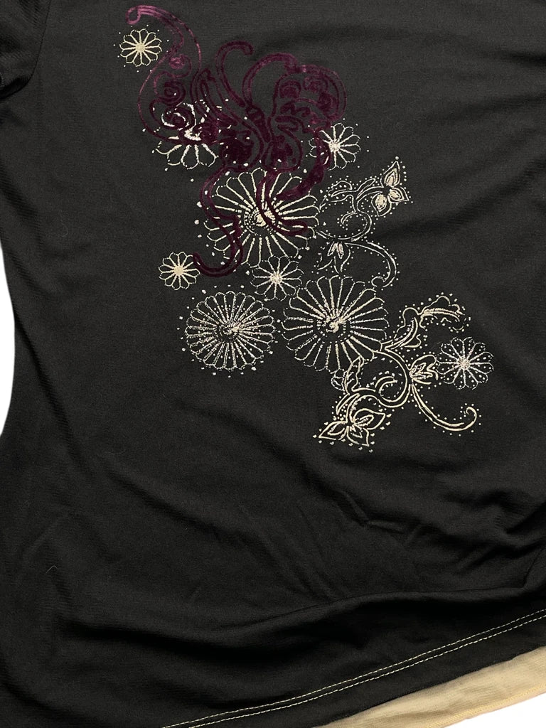 Black Floral Chest Print Asymmetric Top (S)