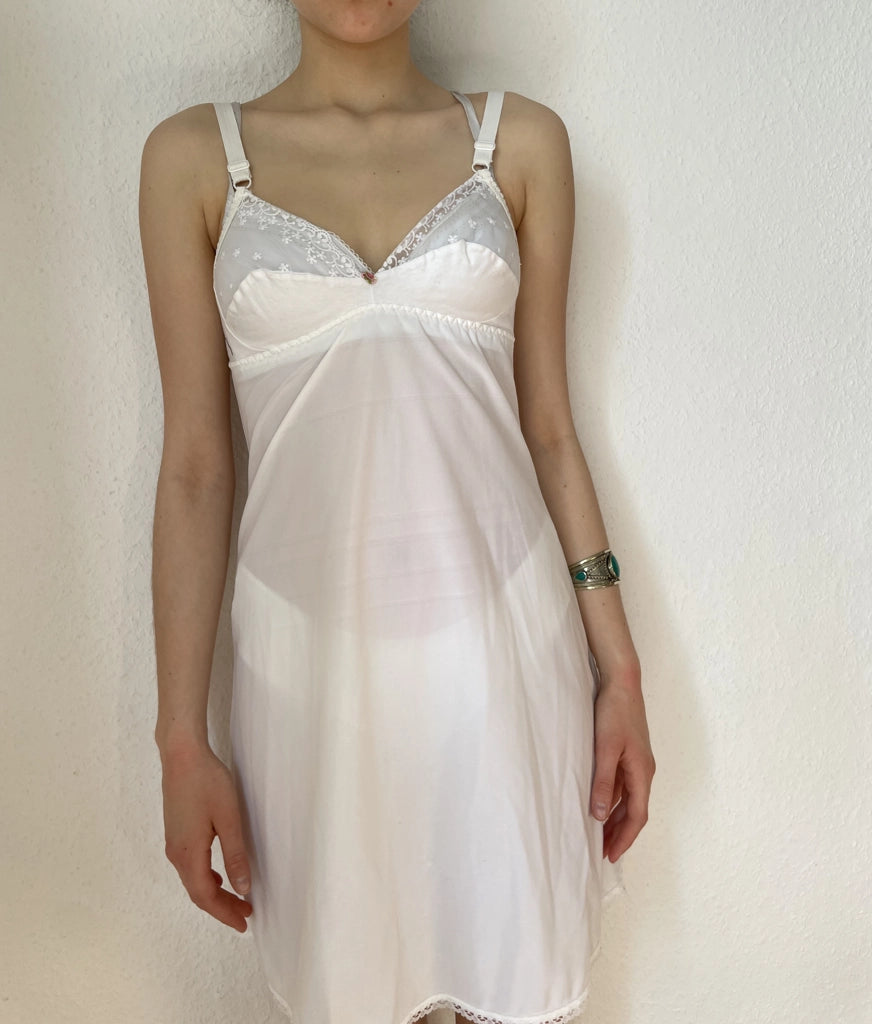 Ethereal White Sheer Lace Trim Vintage Slip Dress Nightwear (S)