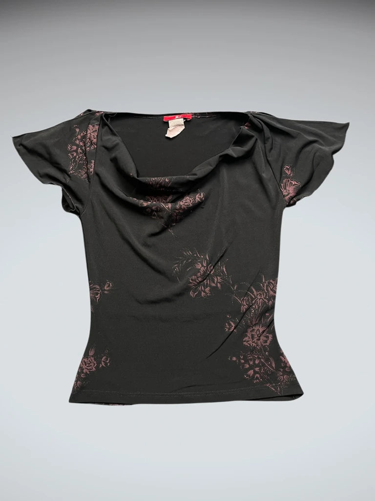 Black Japanese Floral Drape Top (S)