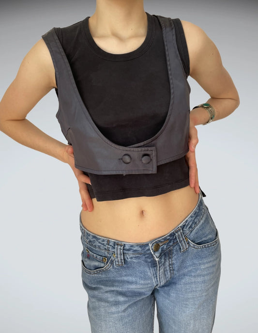Edgy Cropped U-Neck Vest Gray Faux Leather Grunge Chic (S)