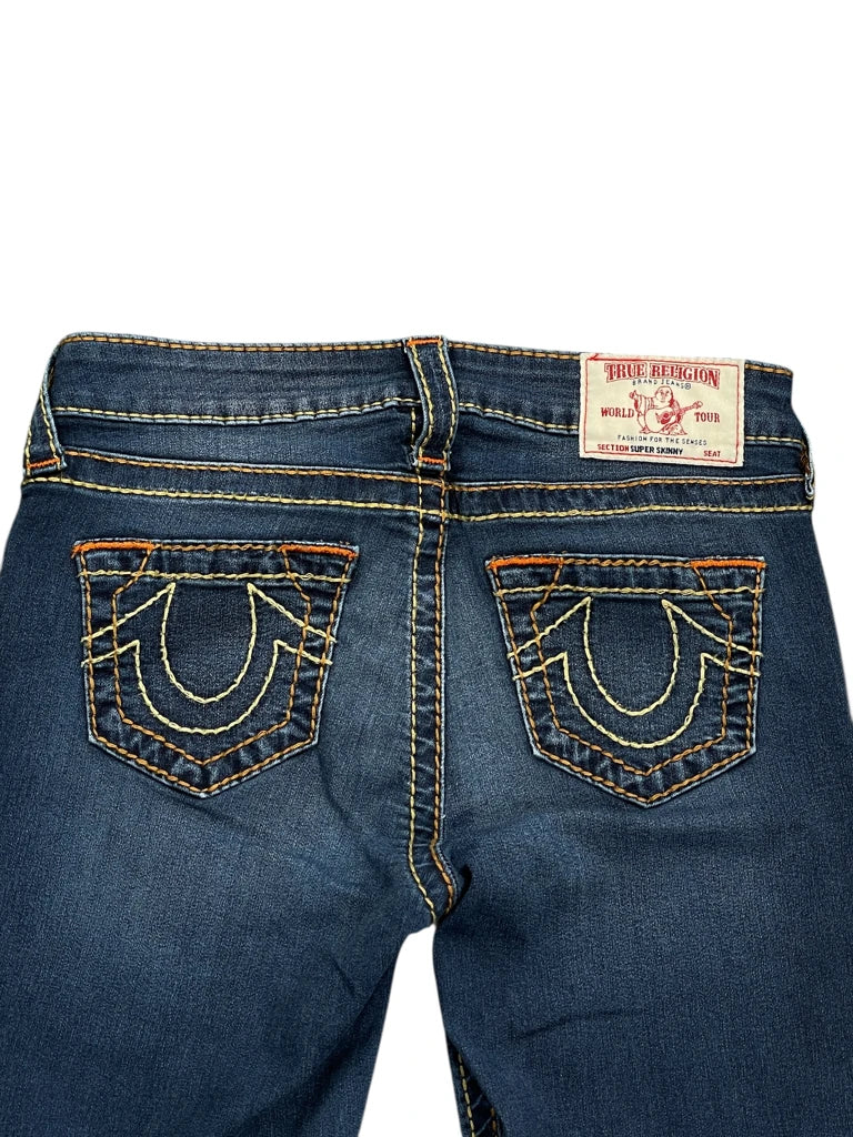 Dark Blue Skinny Jeans with Orange Stitch Accents (XS)