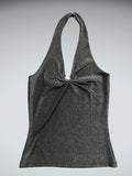 Shimmering Black Halter Top with Rhinestone Ring Accent (S)