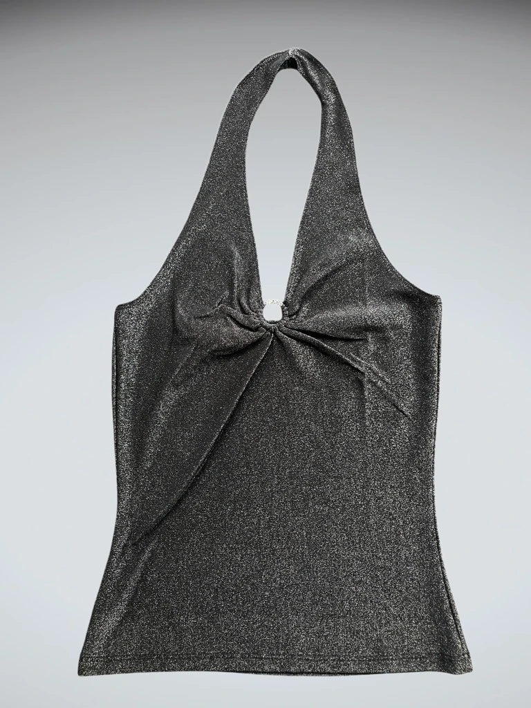 Shimmering Black Halter Top with Rhinestone Ring Accent (S)