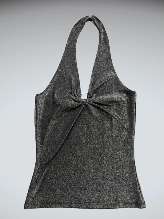 Shimmering Black Halter Top with Rhinestone Ring Accent (S)