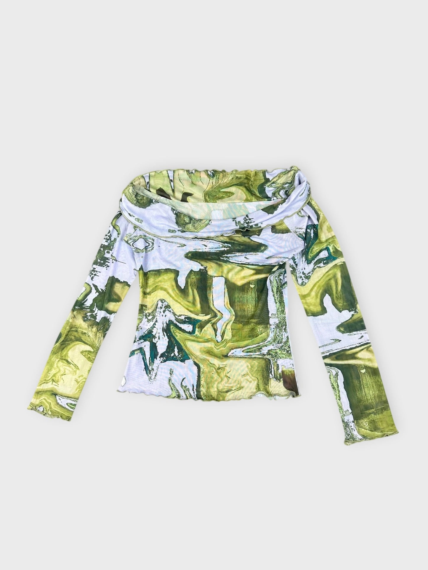 Back view of long sleeve top in green abstract print with draped neckline