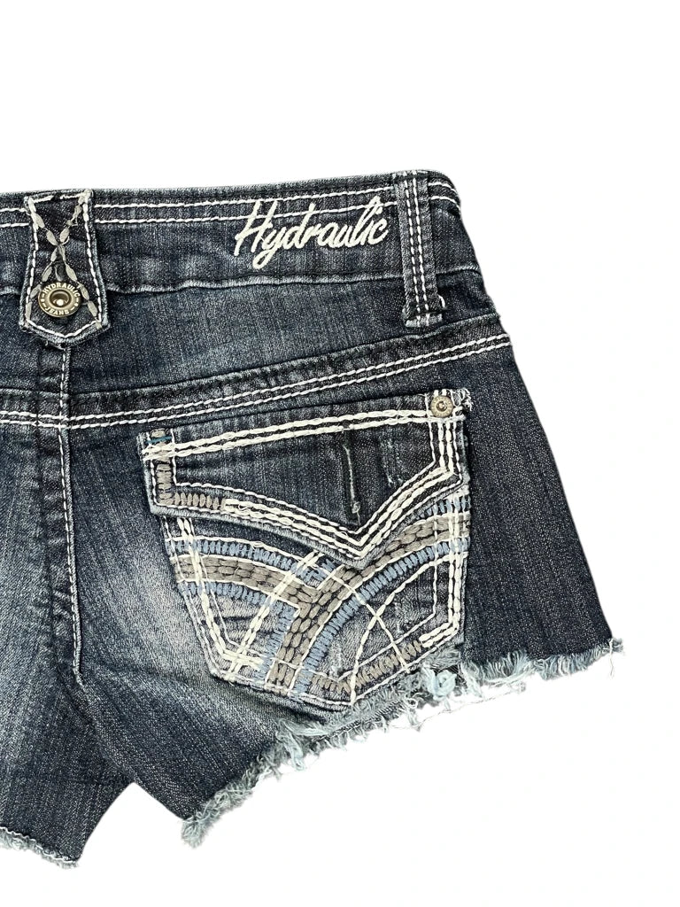 Hydraulic Dark Wash Embroidered Pocket Hotpants (S)