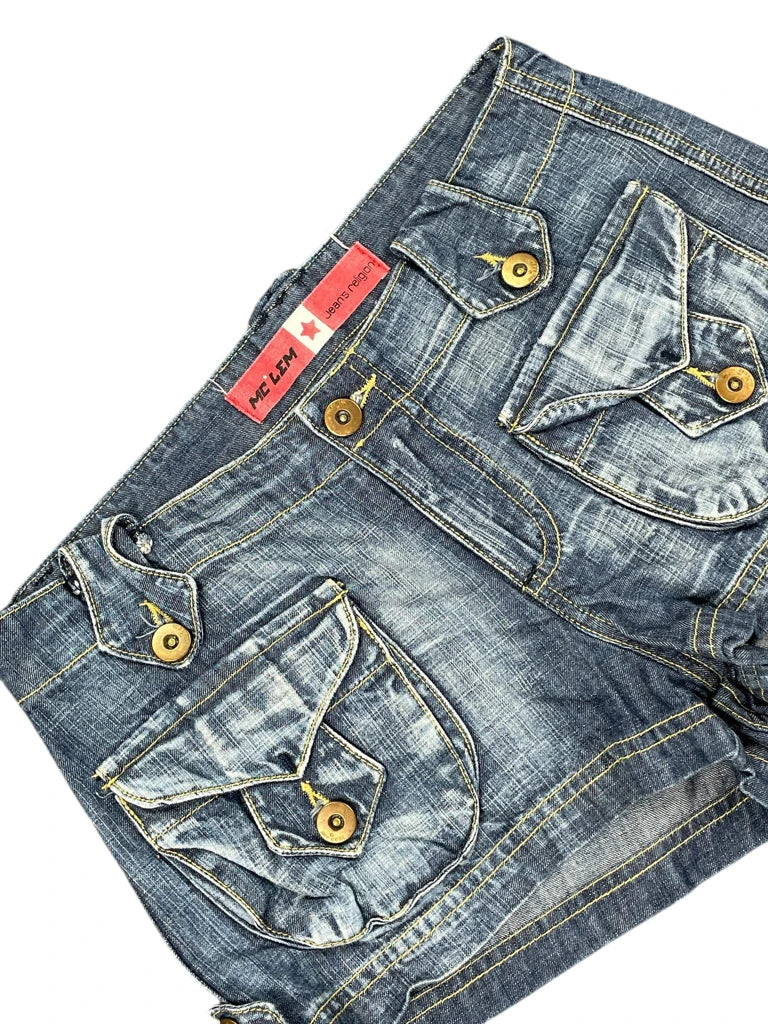 Me Lem Distressed Pocket Button Denim Shorts (S)