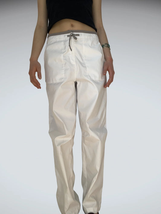 Minimalist White Nylon Track Pants Grey Drawstring Nike Retro (M)