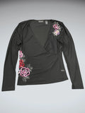 New York & Company Black V-Cut Floral Embellished Top (S)