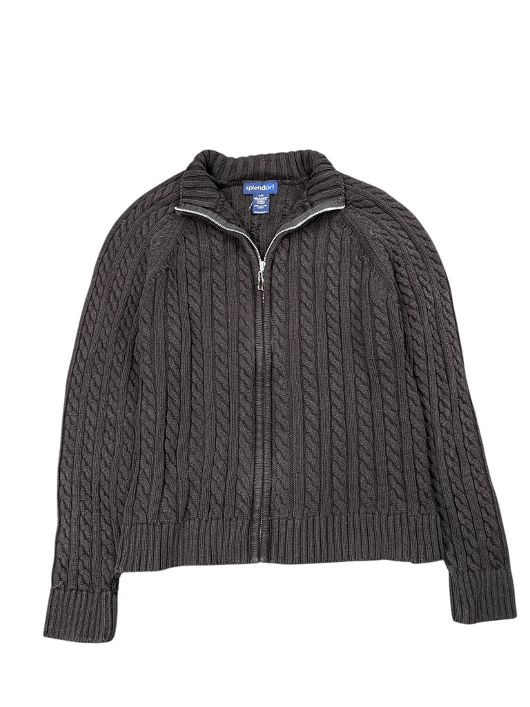 Black Cable Knit Zip Sweater (L)