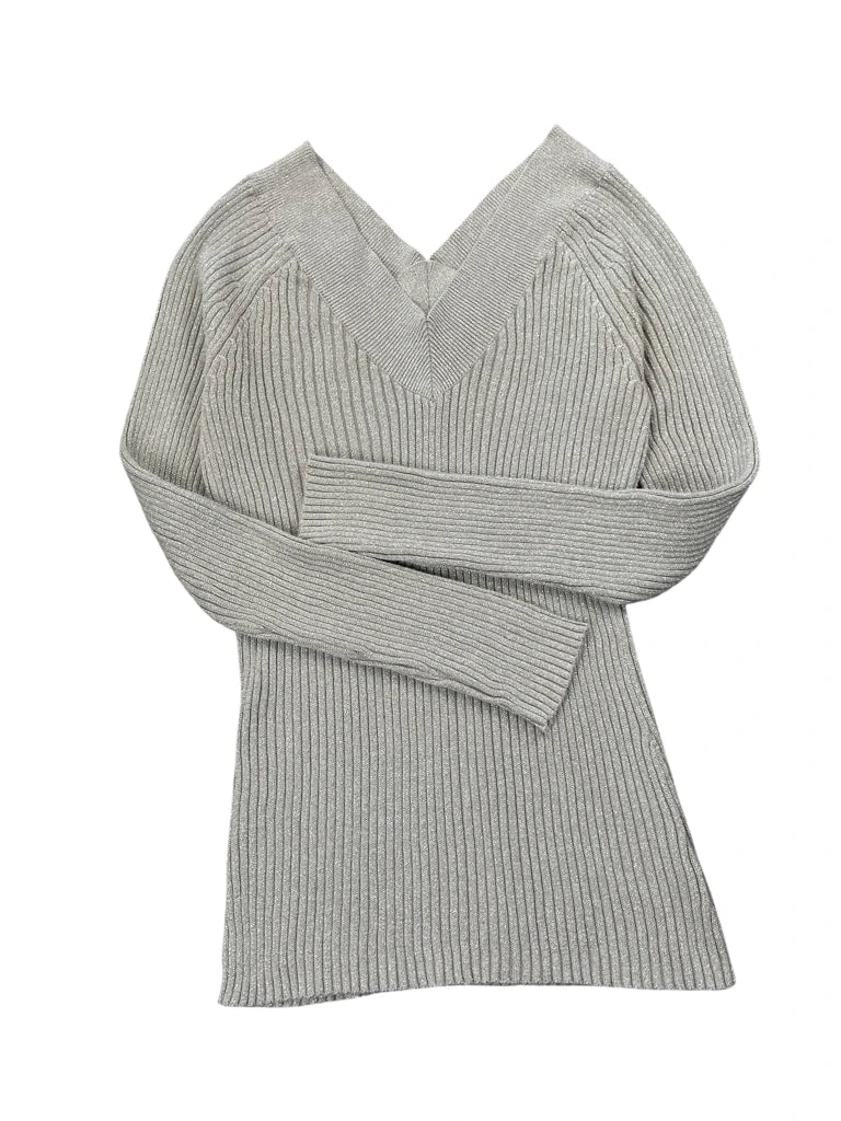Grey Shimmer V-Cut Knit Sweater (S)