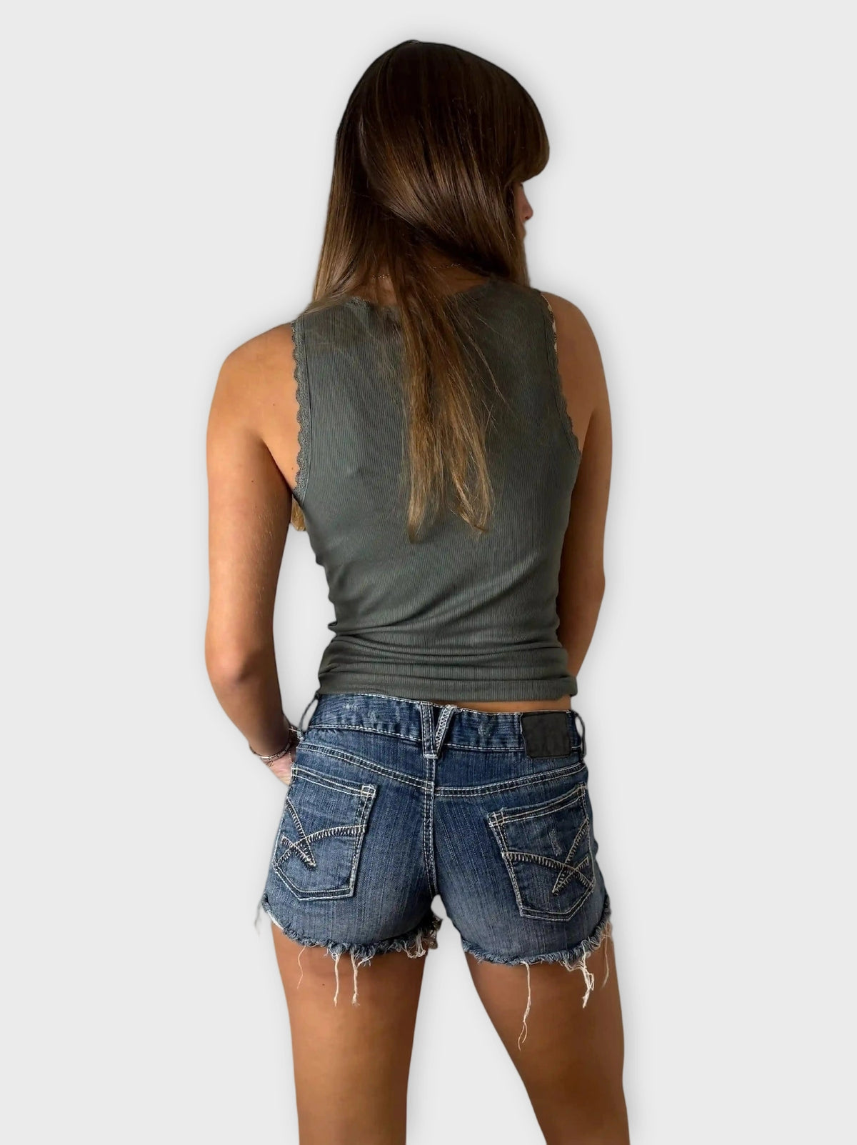 back view, Amtehyst Amethyst Distressed Cutoff Denim Hotpants, vintage Y2K second hand piece