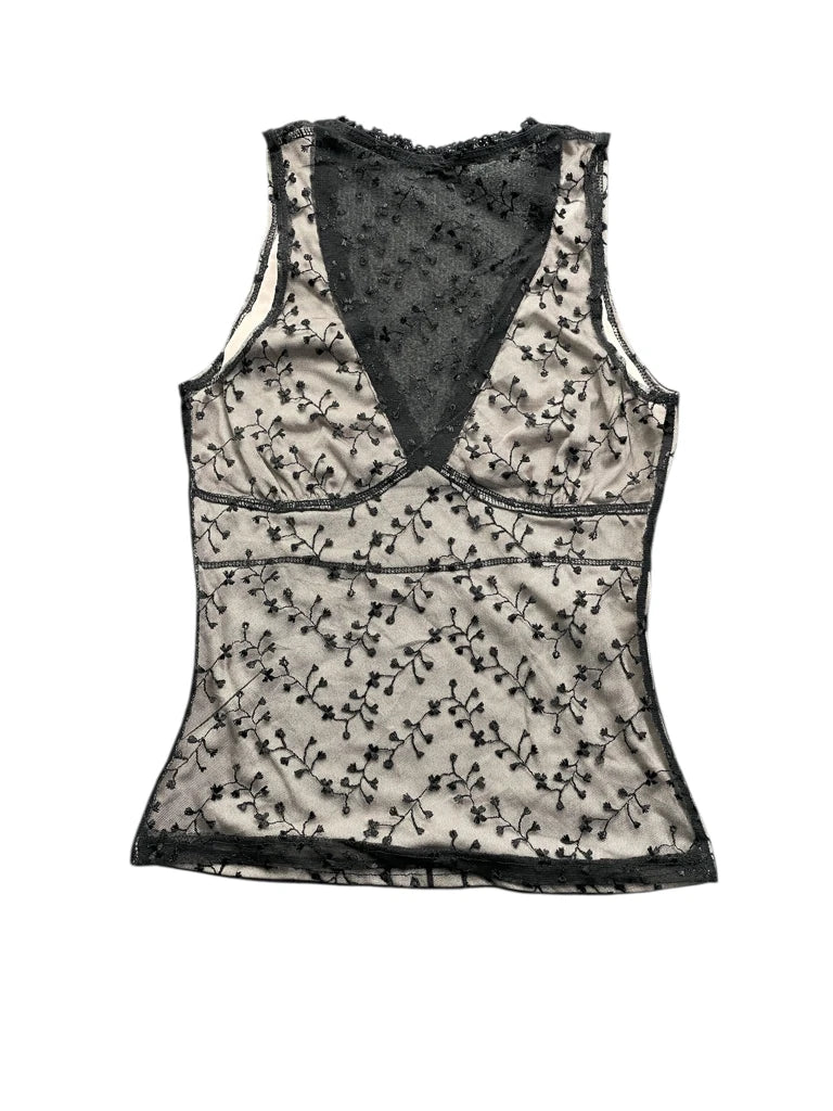 Black Beige Lace Floral Camisole (S)
