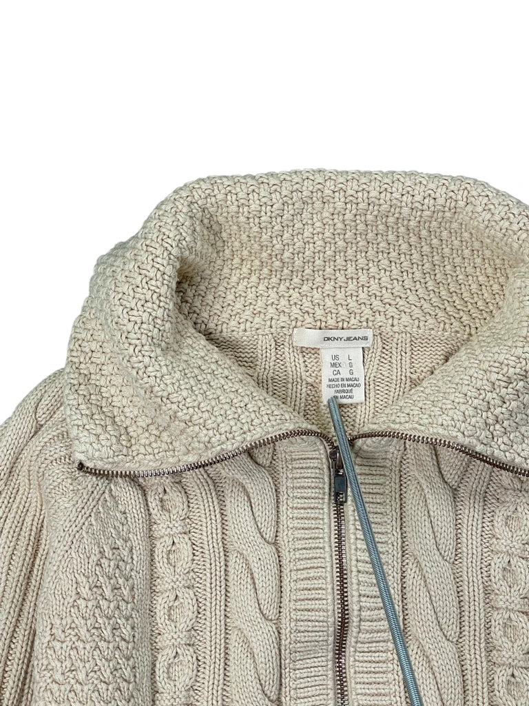 Beige High-Collar Wool Blend Cable Knit Sweater (L)