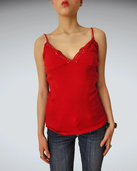 Red Lace Trim Ribbed Camisole (M)