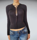 Black Ribbed Lace-Up Longsleeve Shirt Goth Grunge Vintage (S)